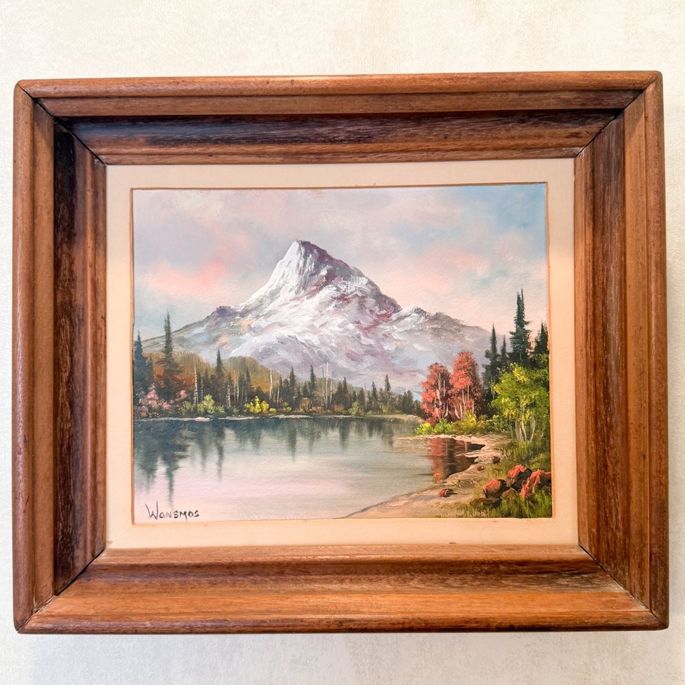 Vintage Original Signed Framed Oil on Canvas Oregon Mountain Lake Scene Wonsmos